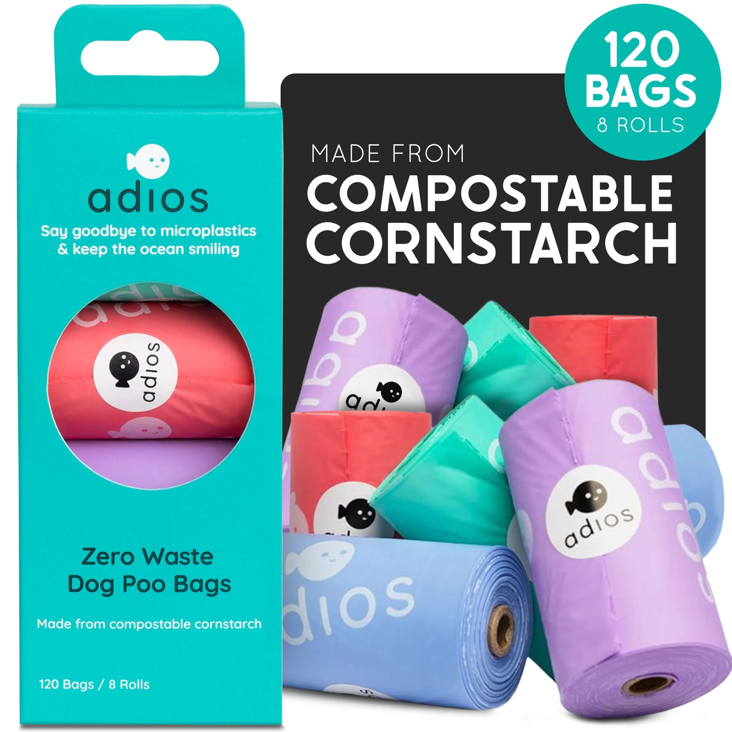 Rainbow Compostable Poo Bags, 120 Bags (8 Rolls)